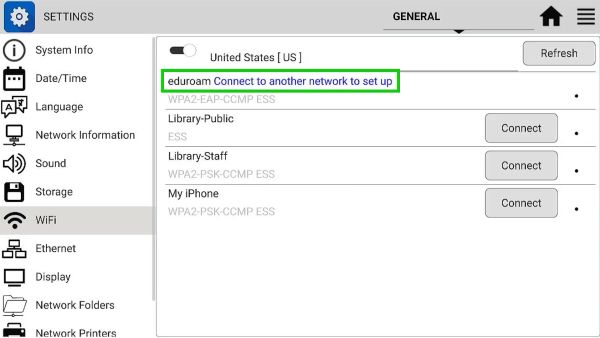 Settings app, Wi-Fi tab, eduroam connection requirement highlighted