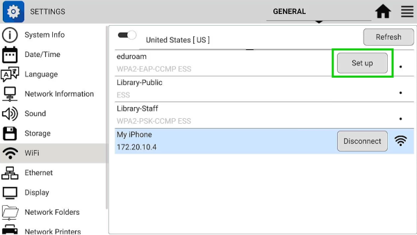 Settings app, Wi-Fi connected, eduroam now says "set up"