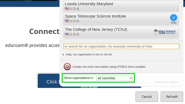 eduroam installer, choose country dropdown