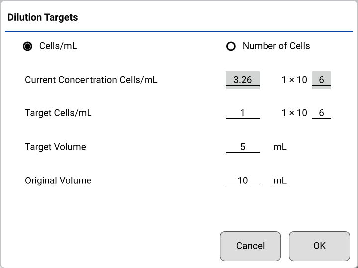 CellDrop dilution guide input popup